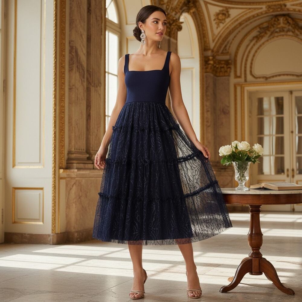 Adrianna Papell Navy Lace Tiered Dress Size 12 NWT  Square‑Neck Midi